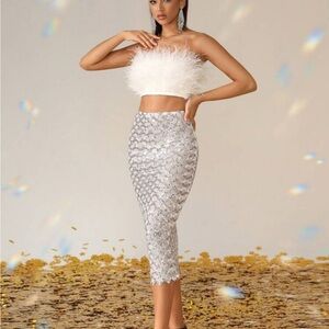 SHEIN White Feather Strapless Dress